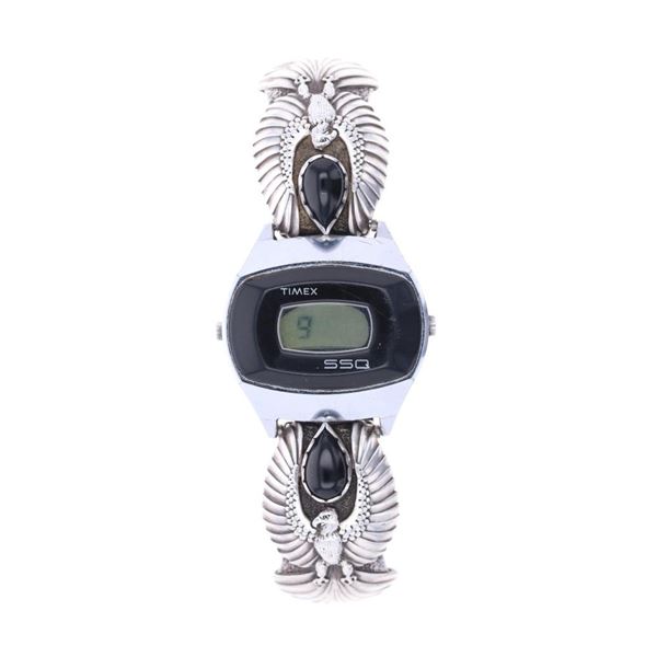 Navajo Silver Onyx Watchband & Vintage Timex SSQ