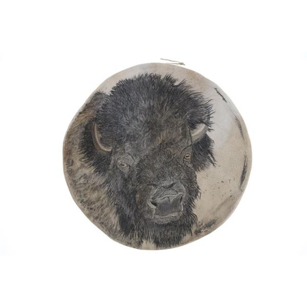Signed Stretched Rawhide Buffalo Mixed Media