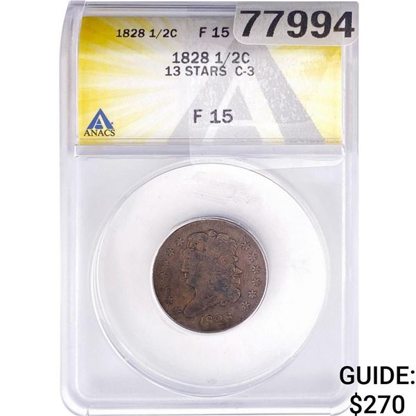 1828 Classic Head Half Cent ANACS F15 13 STARS C-3