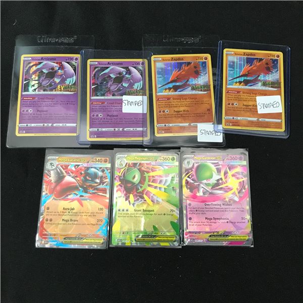 LOT OF 7 POKEMON TCG TRADING CARDS INCLUDING 3 STAMPED