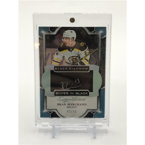2019-20 UPPER DECK BLACK DIAMOND HOCKEY SILVER ON BLACK BRAD MARCHAND SIGNED TRADING CARD 42/49