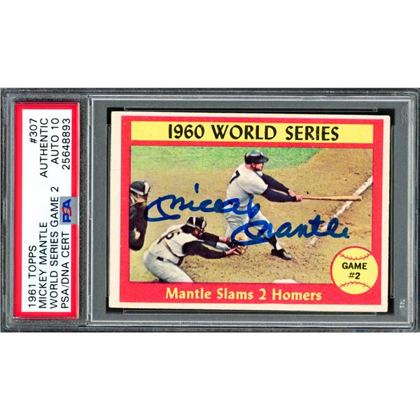 1961 TOPPS MICKEY MANTLE WORLD SERIES GAME 2 SIGNED TRADING CARD - PSA ENCAPSULATED