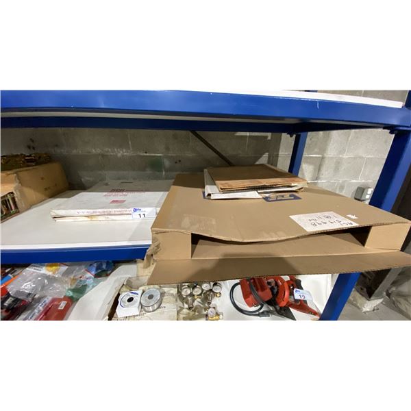 2 BOXES OF ALUMINUM/STAINLESS STRAPPING, ASSORTED CUTTING BLADES & BAND SAW BLADES
