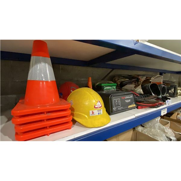 SHELF OF ASSORTED ITEMS- BATTERY CHARGER, PYLONS, RATCHET STRAPS, JUMPER CABLES, LEAF BLOWER