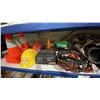 Image 4 : SHELF OF ASSORTED ITEMS- BATTERY CHARGER, PYLONS, RATCHET STRAPS, JUMPER CABLES, LEAF BLOWER