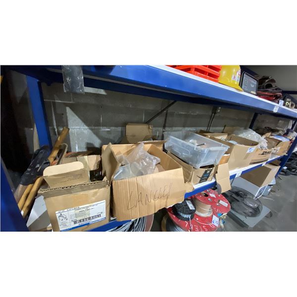 SHELF LOT OF ASSORTED HARDWARE- LAG BOLTS, U-BOLTS, CABLE CLIPS