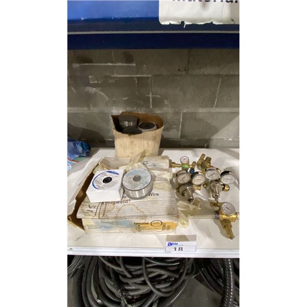 2 BOXES OF ALUMINUM WELDING WIRE & GROUP OF ASSORTED WELDING REGULATORS