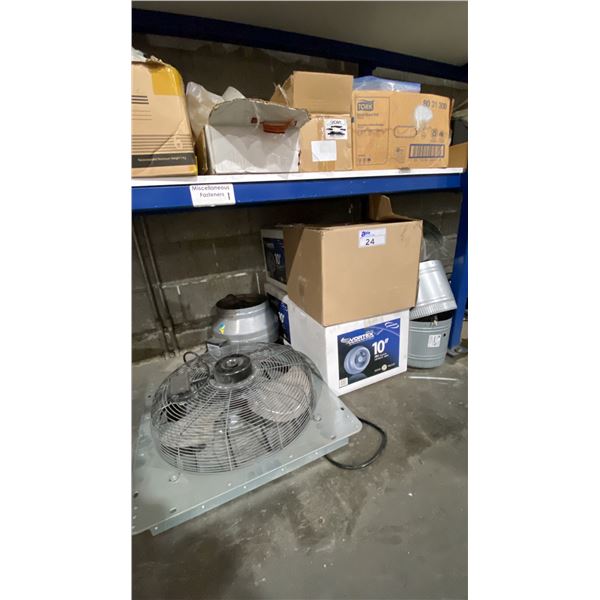 LARGE GROUP OF ASSORTED VORTEX FANS, WALL FANS, DUCTING & PARTS