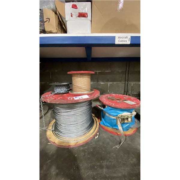 3 SPOOLS OF ASSORTED SIZE INDUSTRIAL BRAIDED CABLING & 1 SPOOL OF INDUSTRIAL LINK CHAIN