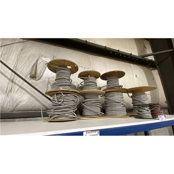 APPROX 7 REELS OF ASSORTED INDUSTRIAL TECH CABLE, SMALL SPOOL OF ELECTRICAL CABLE & REEL OF PLASTIC