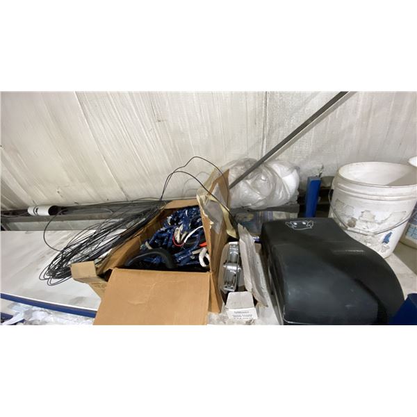 GROUP OF ASSORTED ITEMS- PLASTIC CLIP TRACK, PAPER TOWEL DISPENSER, DOOR CLOSERS, ROLL OF TIN