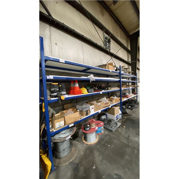 BLUE METAL BOLT TOGETHER 4 TIER SHELVING UNIT WITH WHITE WOODEN DECKING - APPROX 20'L X 25"D X 8'H