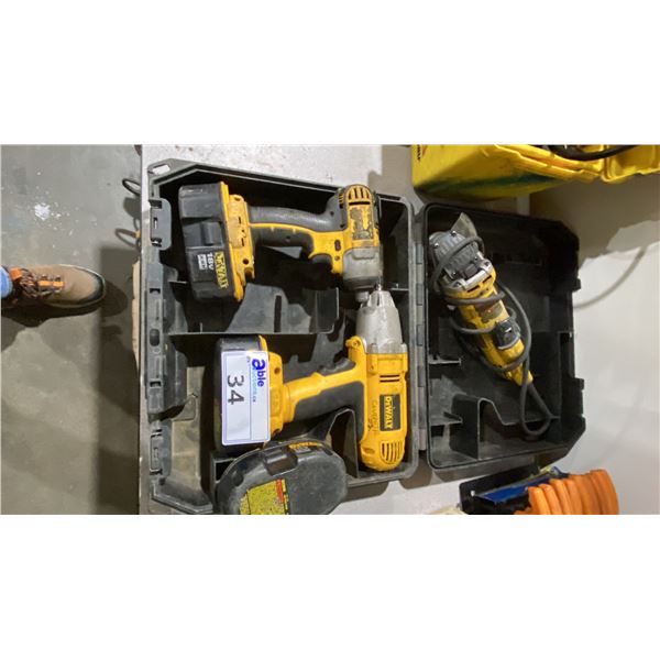2 DEWALT CORDLESS DRILLS WITH BATTERIES & DEWALT ELECTRIC GRINDER