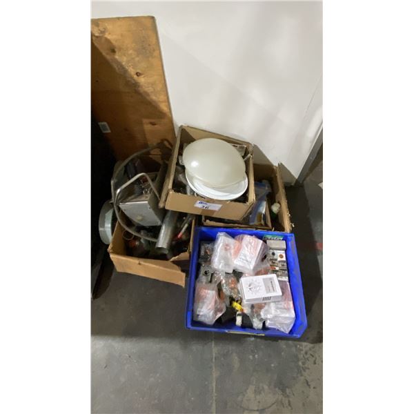 3 BOXES & 1 BIN OF ASSORTED ELECTRICAL ITEMS, LIGHTS, SWITCHES, PARTS