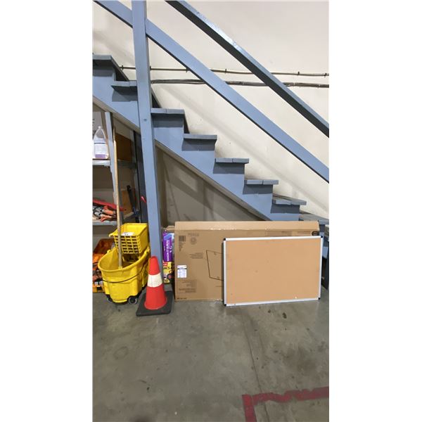 ASSORTED JANITORIAL ITEMS- COMMERCIAL MOP BUCKET, MOP, CORKBOARDS, FIRE EXTINGUISHERS, SOAPS, BAGS