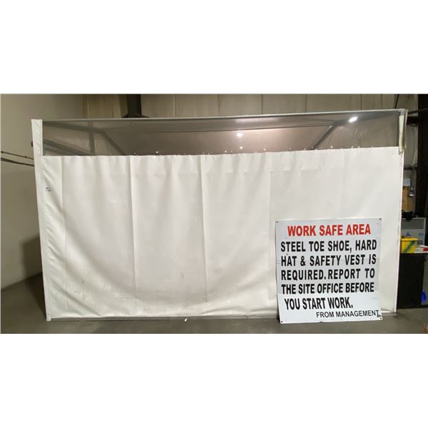 METAL FRAME CLEAR TOP PLASTIC CANVAS SINGLE DOOR TRENT BUILDING WITH 1 OPEN WALL APPROX