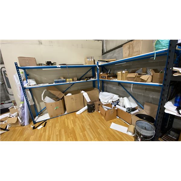 2 BLUE 3 TIER METAL PARTS SHELVING WITH ASSORTED CONTENTS