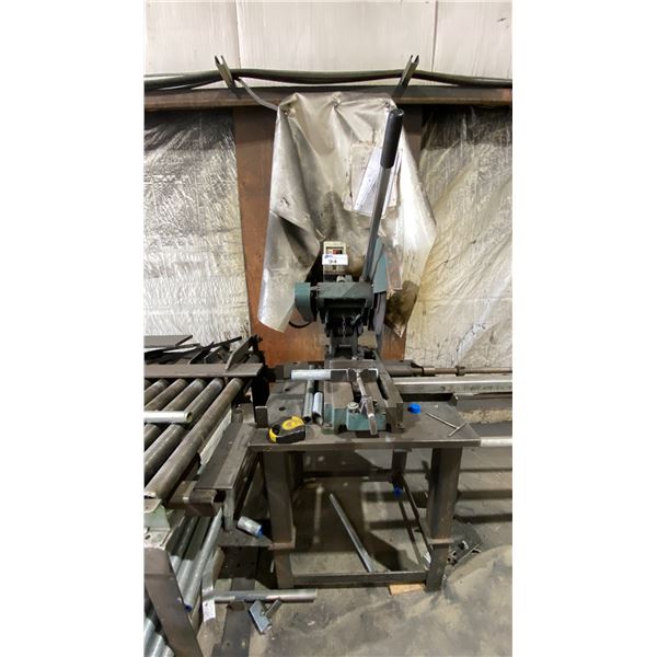 COS-16 INDUSTRIAL ELECTRIC METAL CUTTING CHOP SAW ON STAND WITH ROLLER CONVEYOR FEEDER SECTION