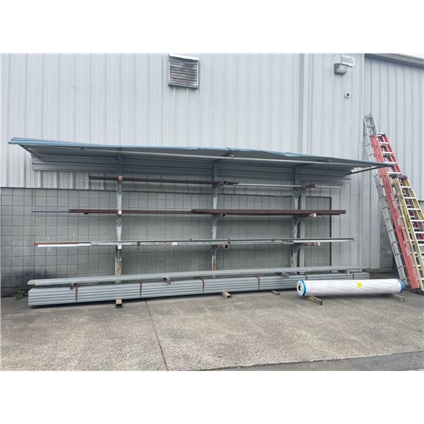 LARGE 3 TIER COVERED CANTILEVER RACK APPROX 175"L X 45"D X 116"H WITH ASSORTED SQUARE TUBE