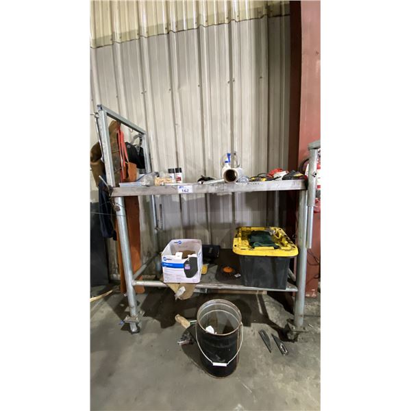 2 TIER MOBILE WORKSHOP CART WITH ASSORTED SHOP CONTENTS- TOOLS, HARDWARE, SPRAY PAINT & MORE