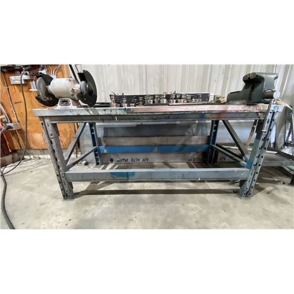 HEAVY DUTY ADJUSTABLE WORK TABLE WITH BENCH VICE & ELECTRIC DUAL BENCH GRINDER *CONTENTS NOT
