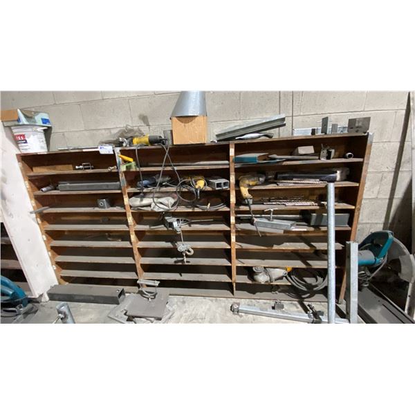 CONTENTS OF SHOP CORNER- 2 SHELVING UNITS WITH CONTENTS, METAL MOBILE RACK, GREEN MOBILE WORK TABLE