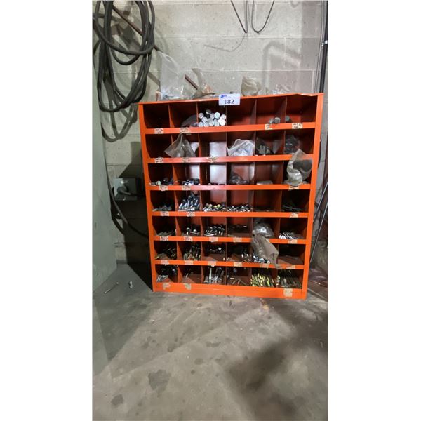 ORANGE METAL HARDWARE CABINET WITH ASSORTED HARDWARE