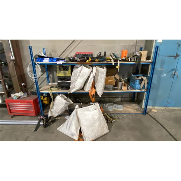 3 TIER SHELVING UNIT WITH ASSORTED SHOP CONTENTS- HARDWARE, TOOLS, POWER TOOLS, STRAPS & MORE