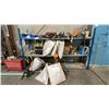 Image 1 : 3 TIER SHELVING UNIT WITH ASSORTED SHOP CONTENTS- HARDWARE, TOOLS, POWER TOOLS, STRAPS & MORE
