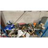 Image 2 : 3 TIER SHELVING UNIT WITH ASSORTED SHOP CONTENTS- HARDWARE, TOOLS, POWER TOOLS, STRAPS & MORE