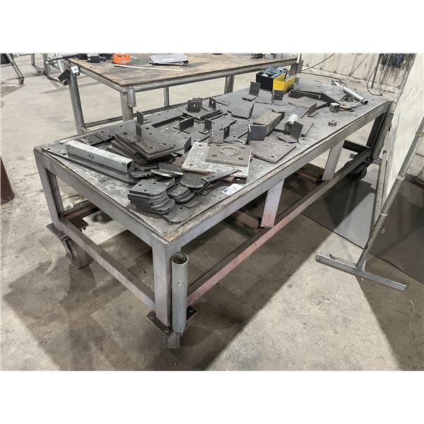 LARGE MOBILE METAL FRAMED WOOD TOP SHOP TABLE WITH ASSORTED STEEL COMPONENTS
