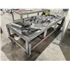 Image 1 : LARGE MOBILE METAL FRAMED WOOD TOP SHOP TABLE WITH ASSORTED STEEL COMPONENTS