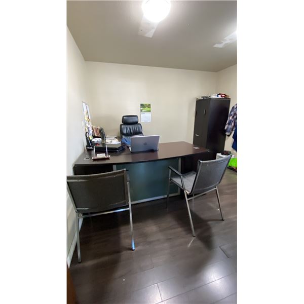 CONTENTS OF OFFICE 1- INCLUDED L-SHAPED SINGLE PEDESTAL DESK, 2 CLIENT CHAIRS, OFFICE CHAIR & MULTI