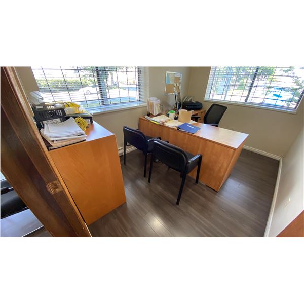 CONTENTS OF OFFICE 3- INCLUDED L-SHAPED SINGLE PEDESTAL DESK, 2 CLIENT CHAIRS, OFFICE CHAIR & 2