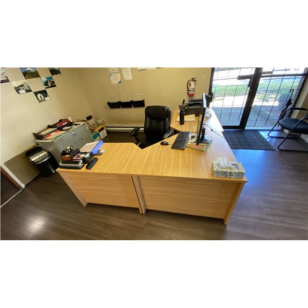 CONTENTS OF RECEPTION AREA INCLUDING- U SHAPED DESK, P SHAPED DESK, 2 CLIENT CHAIRS, OFFICE CHAIR &