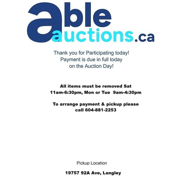 All items must be removed Sat 11am-6:30pm, Mon or Tue  9am-4:30pm