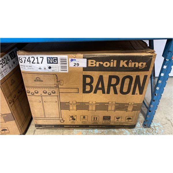 BROIL KING MODEL 874217. BARON 320 PRO BLACK STAINLESS STEEL NATURAL GAS GRILL WITH BLUE LED LIGHT