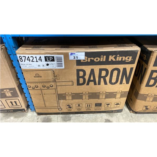 BROIL KING MODEL 874214. BARON 320 PRO BLACK STAINLESS STEEL PROPANE GRILL WITH BLUE LED LIGHT