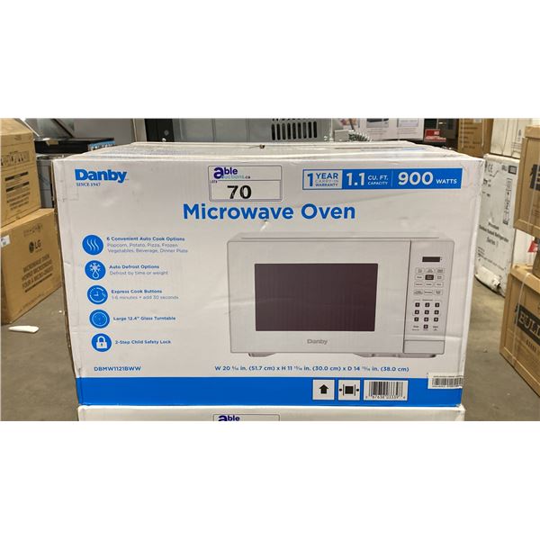 DANBY MODEL DBMW1121BWW. 1.1 CU FT WHITE COUNTERTOP MICROWAVE