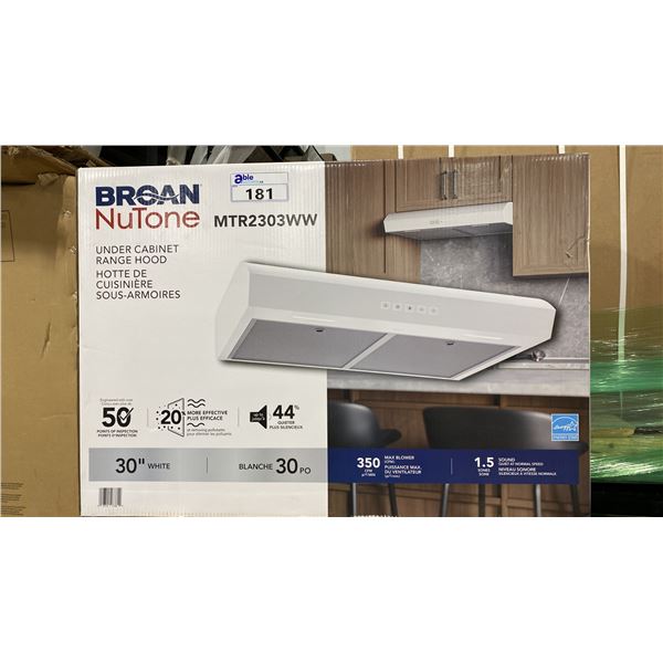 BROAN MODEL MTR2303WW. NUTONE 30" WHITE UNDER CABINET RANGE HOOD WITH 350 MAX BLOWER CFM, LED