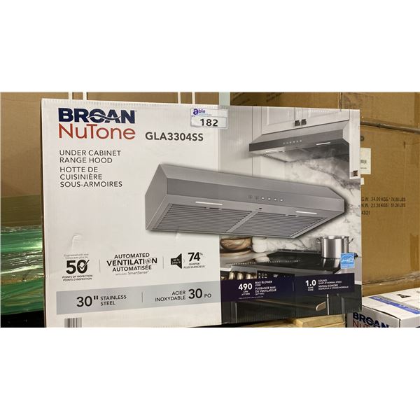 BROAN MODEL GLA3304SS. NUTONE 30" STAINLESS STEEL UNDER CABINET RANGE HOOD WITH 490 MAX BLOWER CFM,