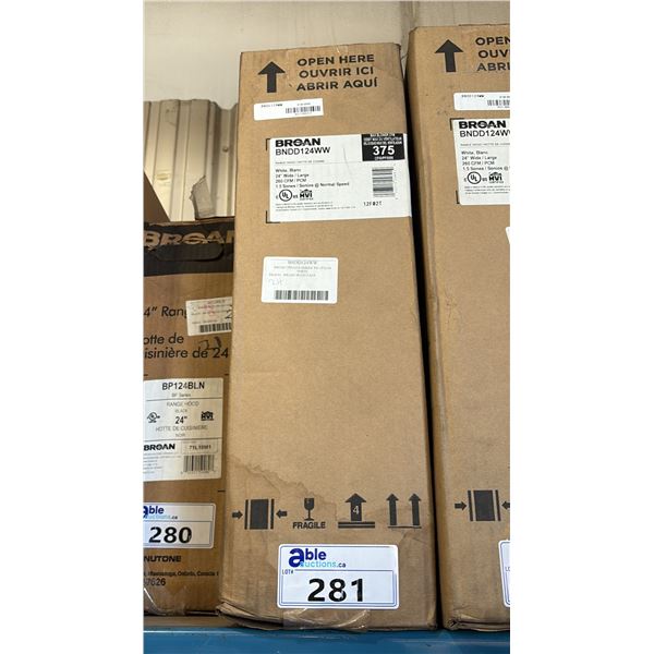 BROAN MODEL BNDD124WW. 24" WHITE UNDER CABINET RANGE HOOD WITH 375 CFM BLOWER MAX,