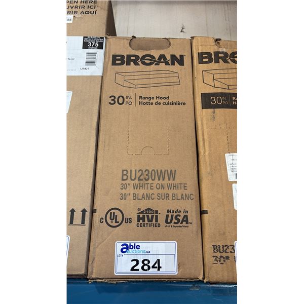 BROAN MODEL BU230WW. WHITE 30" UNDER THE CABINET RANGE HOOD WITH 2 SPEED BLOWER