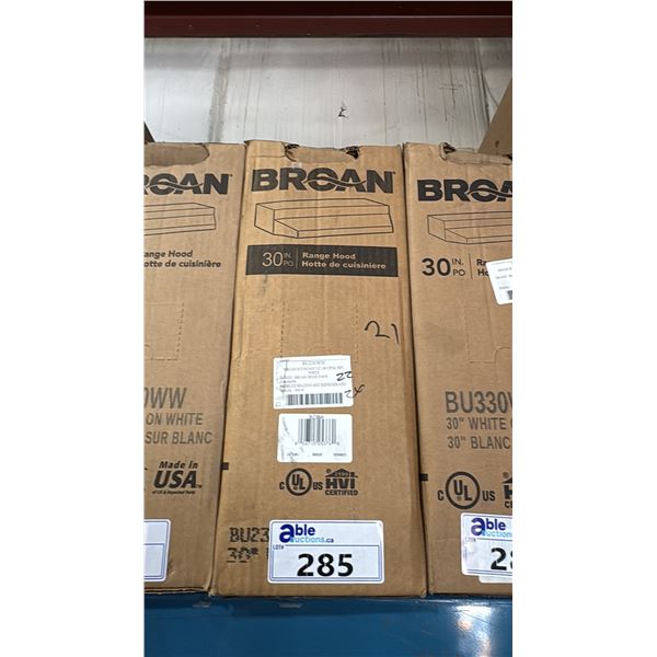 BROAN MODEL BU230WH. WHITE 30" UNDER CABINET RANGE HOOD WITH 2 SPEED BLOWER