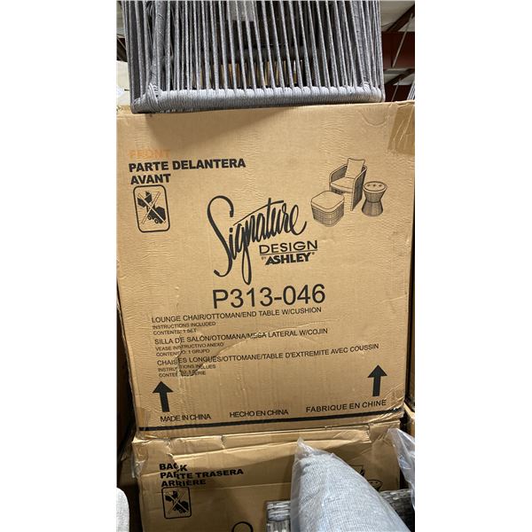 SIGNATURE DESIGN BY ASHLEY LOUNGE CHAIR/ OTTOMAN/ END TABLE WITH CUSHIONS SET IN GREY IN BOX