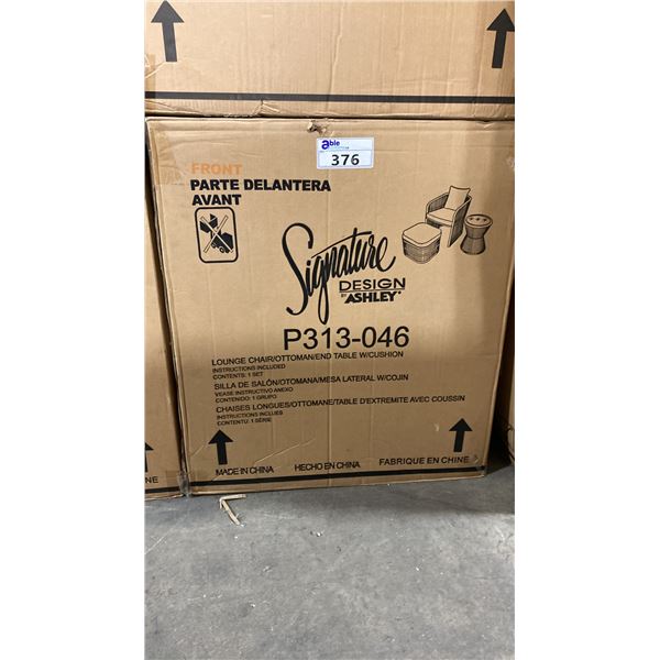 SIGNATURE DESIGN BY ASHLEY LOUNGE CHAIR/ OTTOMAN/ END TABLE WITH CUSHIONS SET IN GREY IN BOX