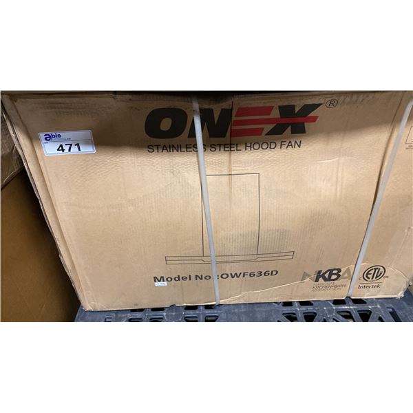 ONEX MODEL OWF636DSS. WALL MOUNT RANGE HOOD, STAINLESS STEEL, 36 WIDE