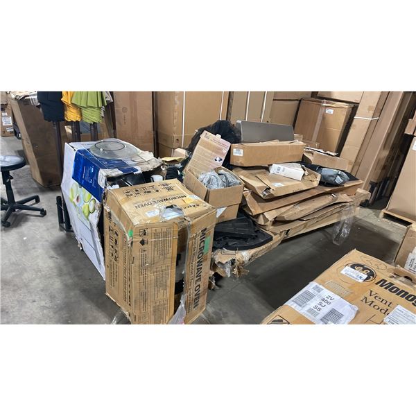 LARGE PALLET OF ASSORTED FIRE TABLE PARTS, BBQ PARTS, RANGE HOODS, & MICROWAVE PARTS *MUST TAKE ALL*