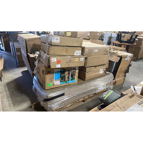 LARGE PALLET OF ASSORTED CHILDRENS PLAY STRUCTURE PARTS, PATIO FURNITURE PARTS, RANGE HOODS, &