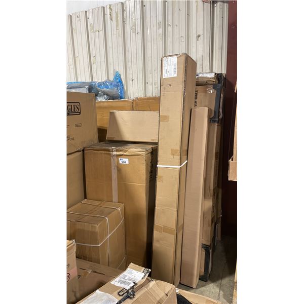 LARGE STRUCTURE TABLE BASE, STAINLESS STEEL GRILL BASE, 4 BOXES OF PLATFORM BED PARTS, & ASSORTED